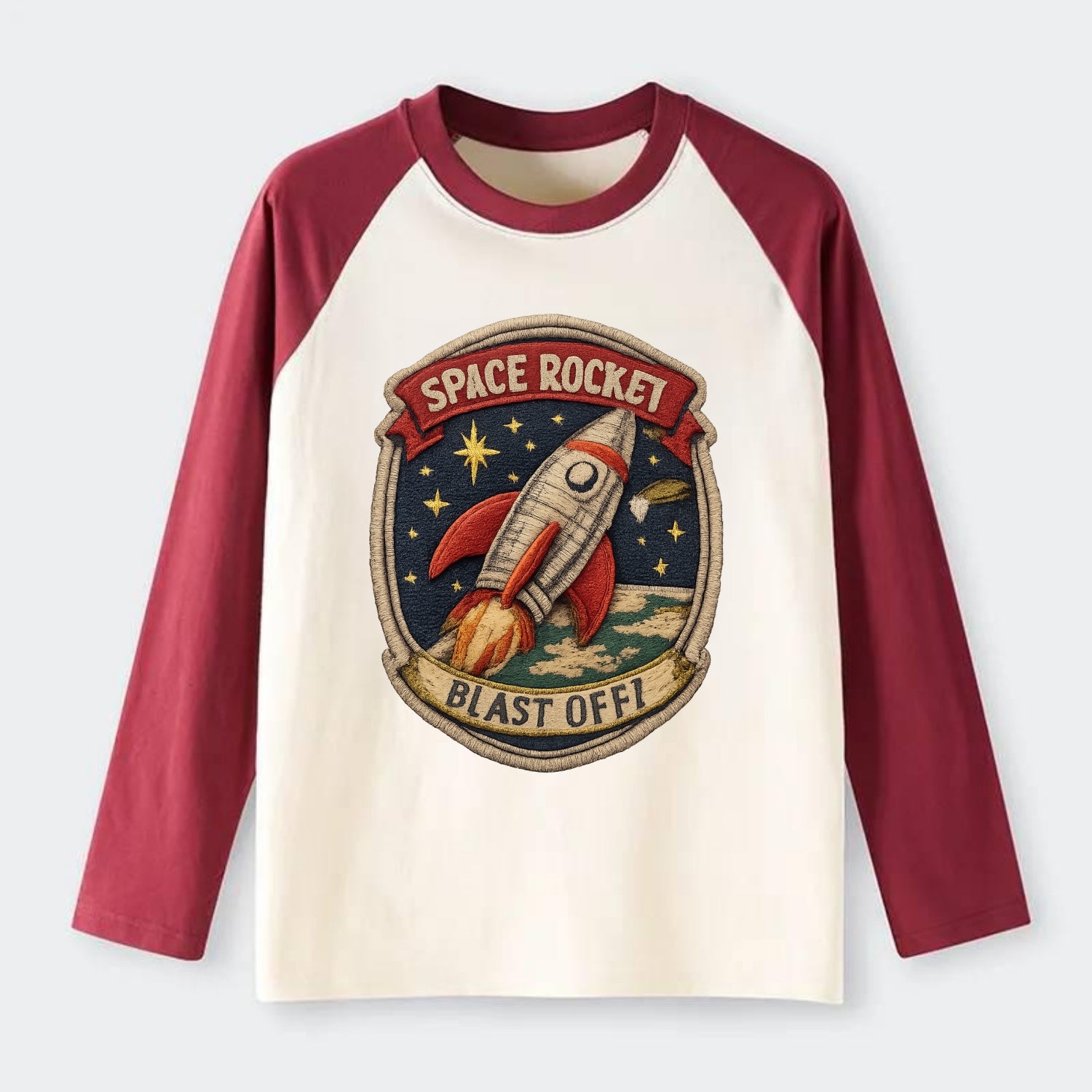 RETRO ROCKET - 1950s space rocket in silver and red , atomic age - Raglan Long Sleeve T-Shirt - Red