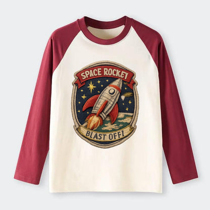 RETRO ROCKET - 1950s space rocket in silver and red , atomic age - Raglan Long Sleeve T-Shirt - Red