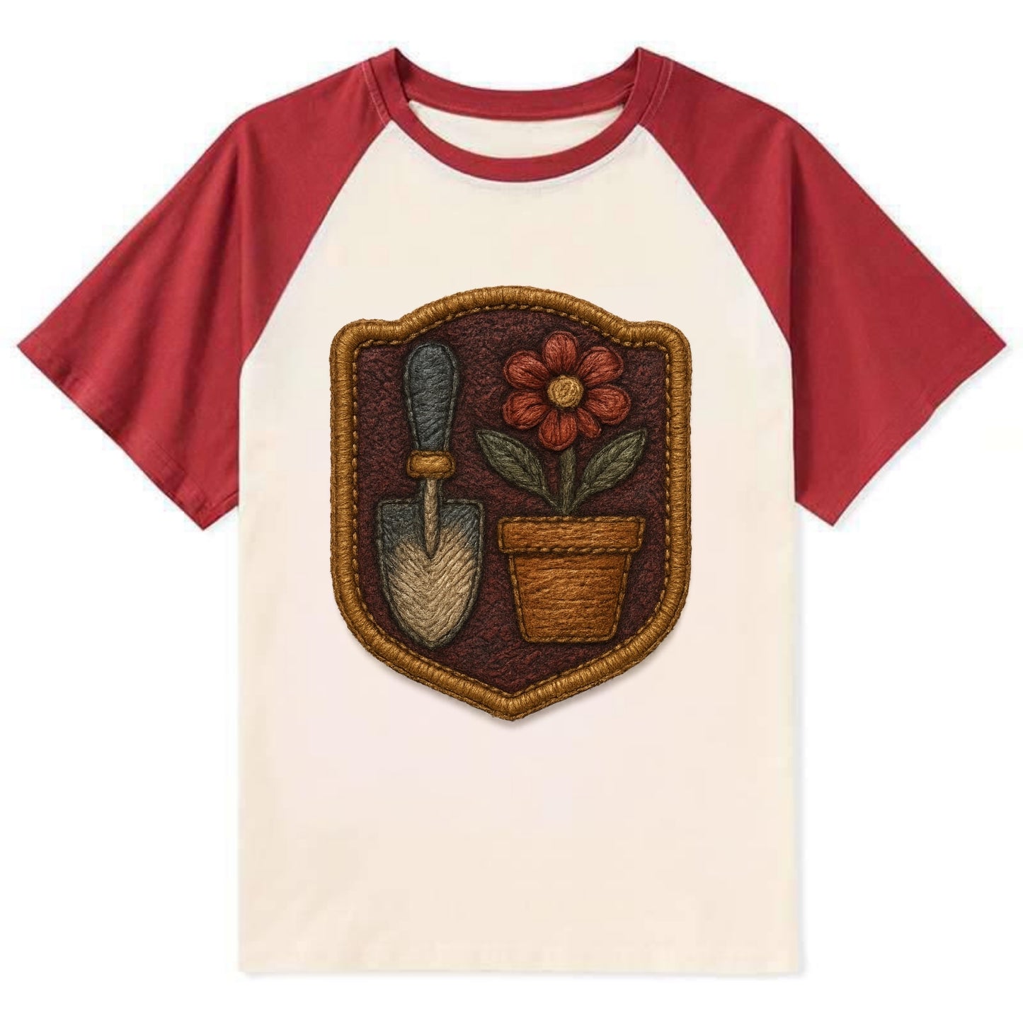 Garden trowel with flower pot - gardener badge - Contrast Raglan T-shirt - Red