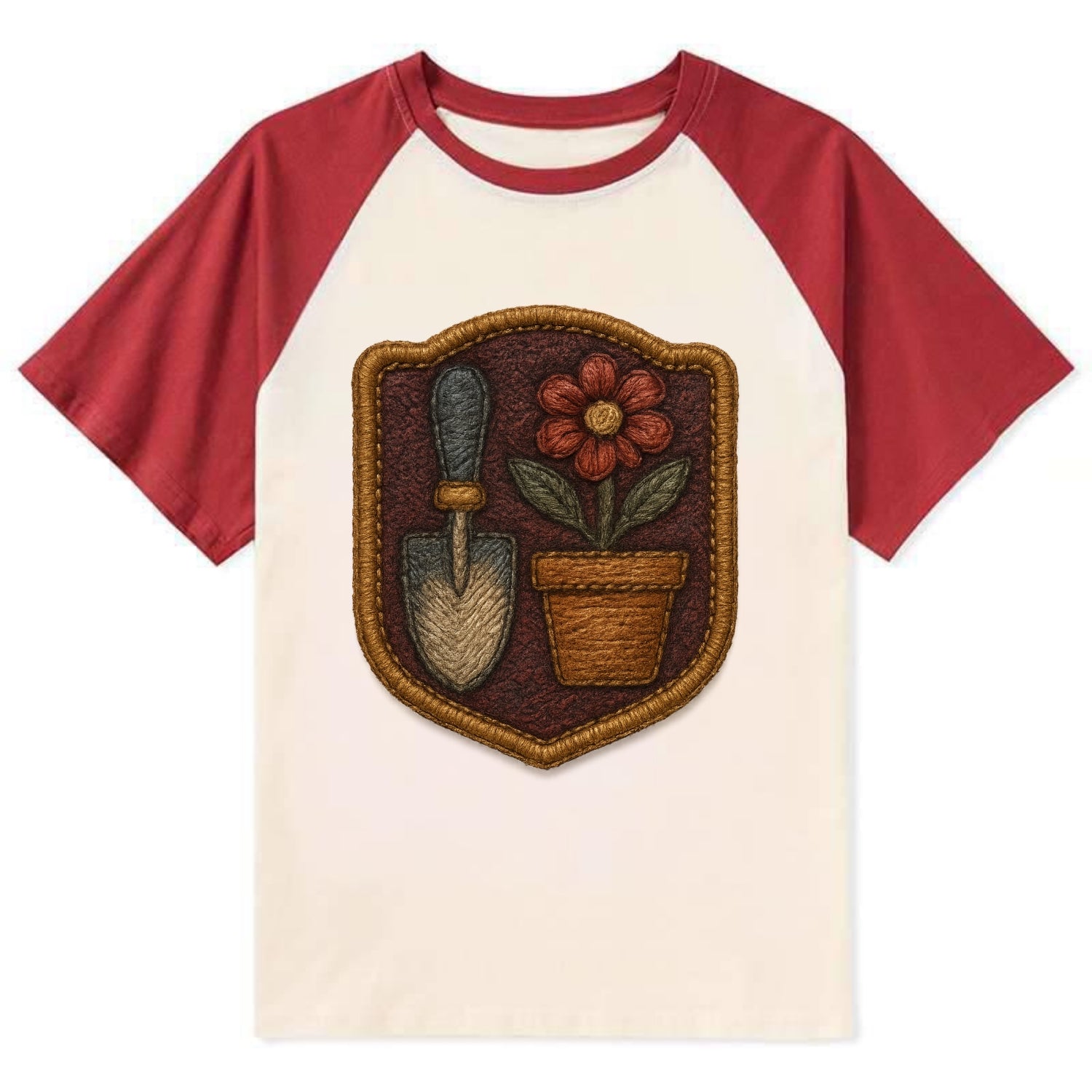Garden trowel with flower pot - gardener badge - Contrast Raglan T-shirt - Red