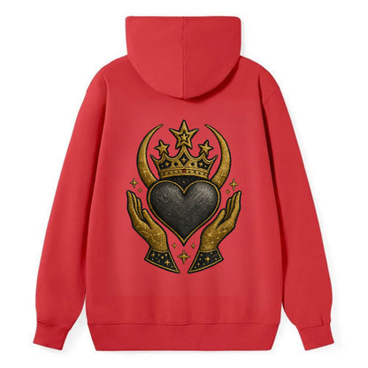 Celtic knot crown with woven strands merging into copper hands shielding - Classic Pullover Hoodie - Red