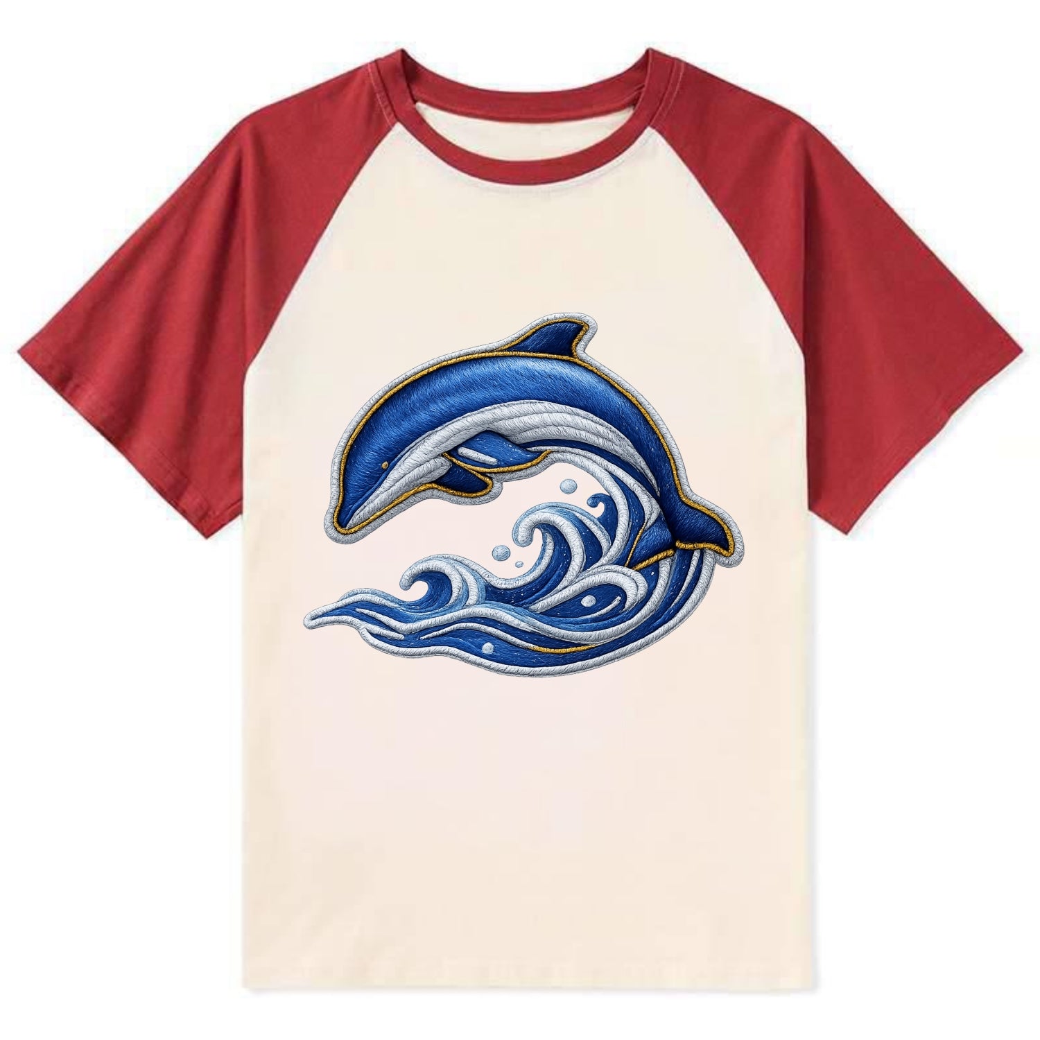 Embroidered patch design - SWIMMING DOLPHIN - diving dolphin with waves - Contrast Raglan T-shirt - Red