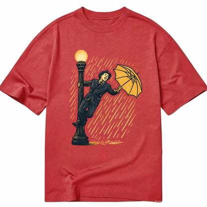 joyful dancing on lamppost in heavy rain with big smile - Classic T-shirt - Red