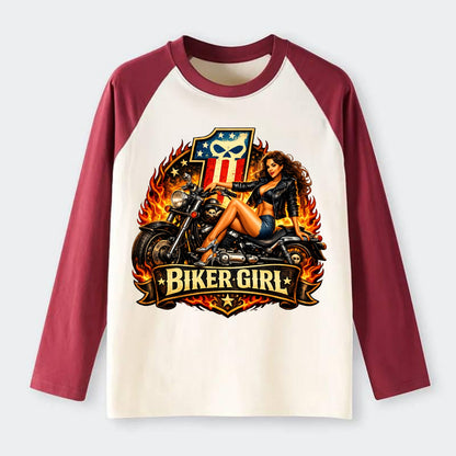 Vintage Biker Pin Up - Raglan Long Sleeve T-Shirt - Red