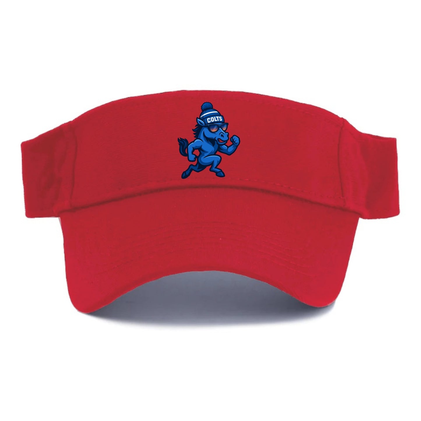 Indianapolis Colt Horse wearing Colts blue and white beanie with pom pom and wayfarer - Visor - Red