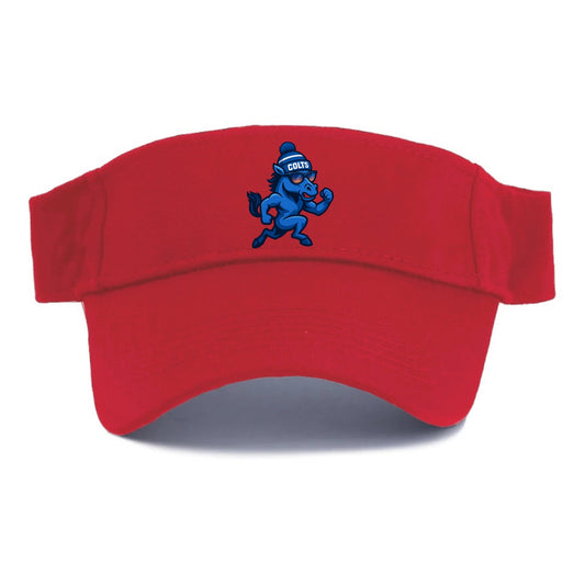 Indianapolis Colt Horse wearing Colts blue and white beanie with pom pom and wayfarer - Visor - Red