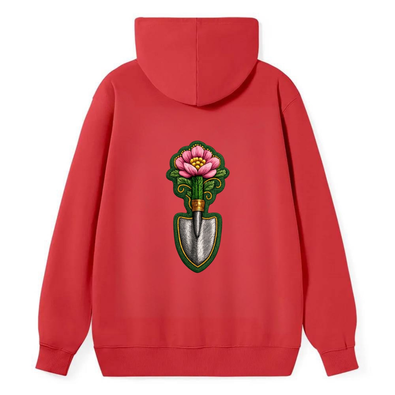 Embroidered patch design - GARDENING TROWEL FLOWER - garden tool with - Classic Pullover Hoodie - Red