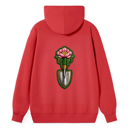 Embroidered patch design - GARDENING TROWEL FLOWER - garden tool with - Classic Pullover Hoodie - Red