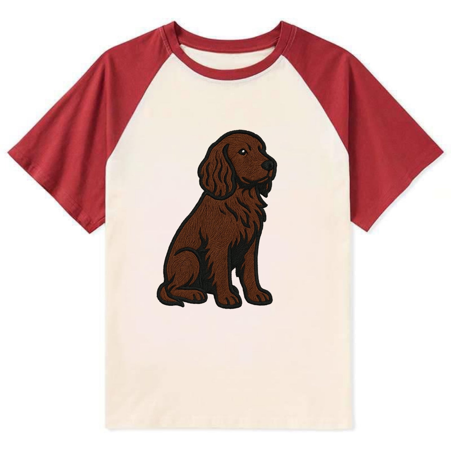 Field Spaniel - Liver colored embroidered sitting design - Contrast Raglan T-shirt - Red