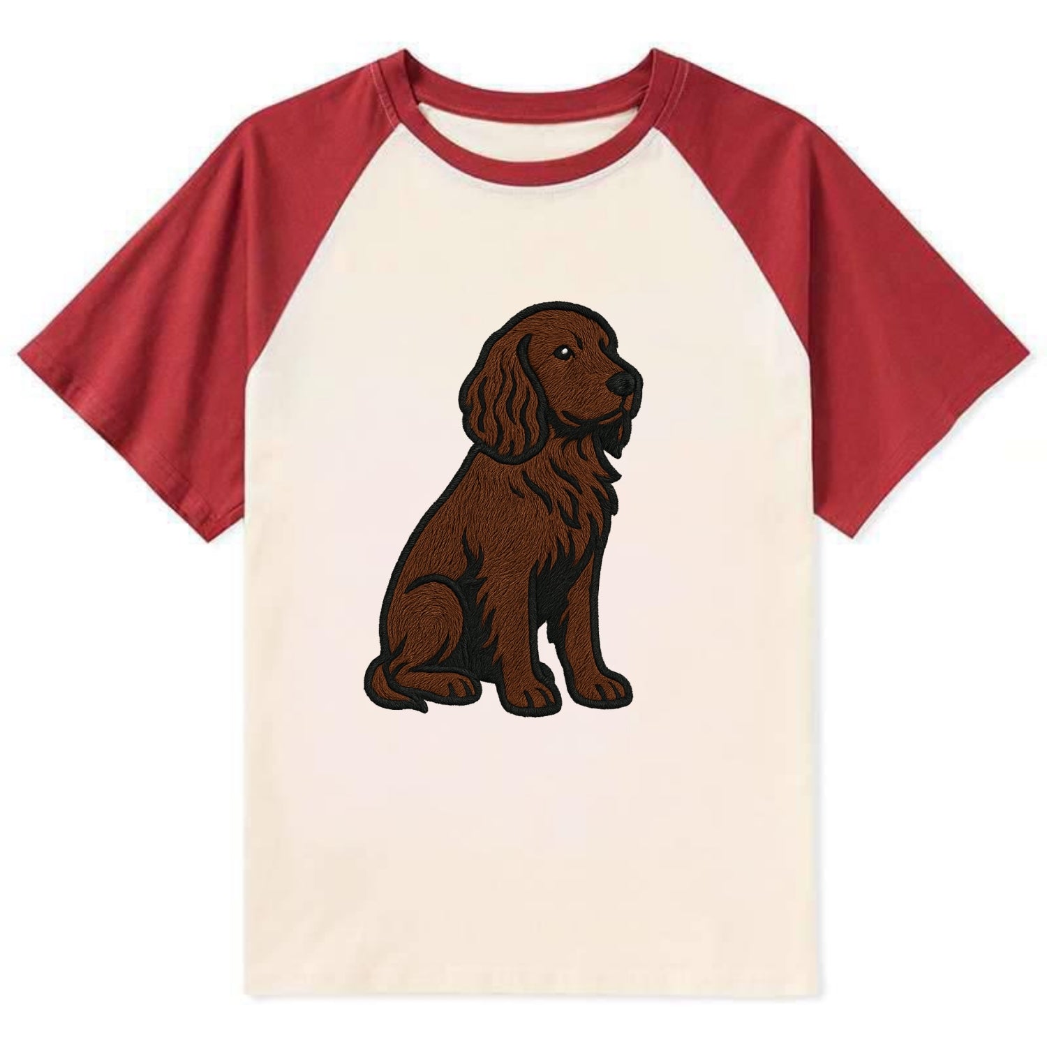 Field Spaniel - Liver colored embroidered sitting design - Contrast Raglan T-shirt - Red