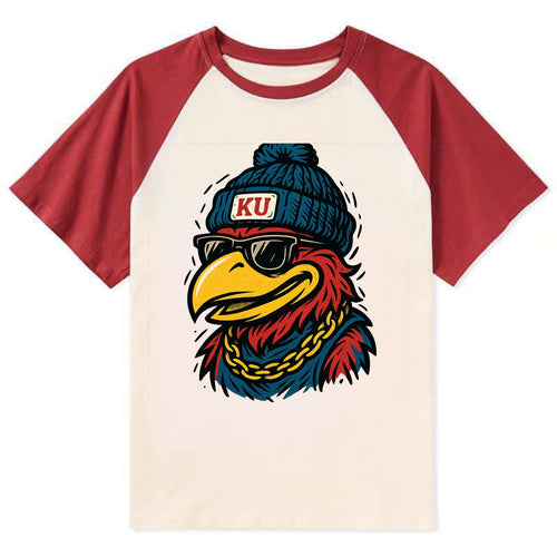 Lawrence Jayhawk wearing Kansas beanie with KU patch - Contrast Raglan T-shirt