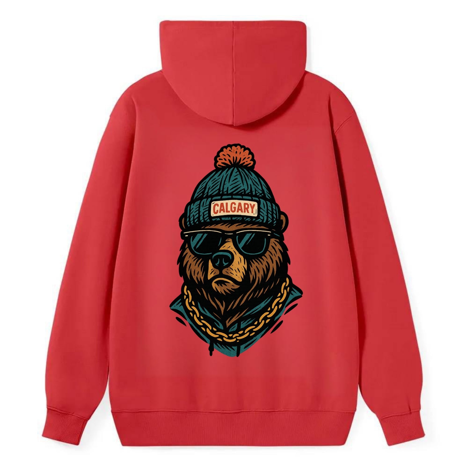 Calgary Grizzly Bear wearing Calgary beanie with pom pom and wayfarer - Classic Pullover Hoodie - Red