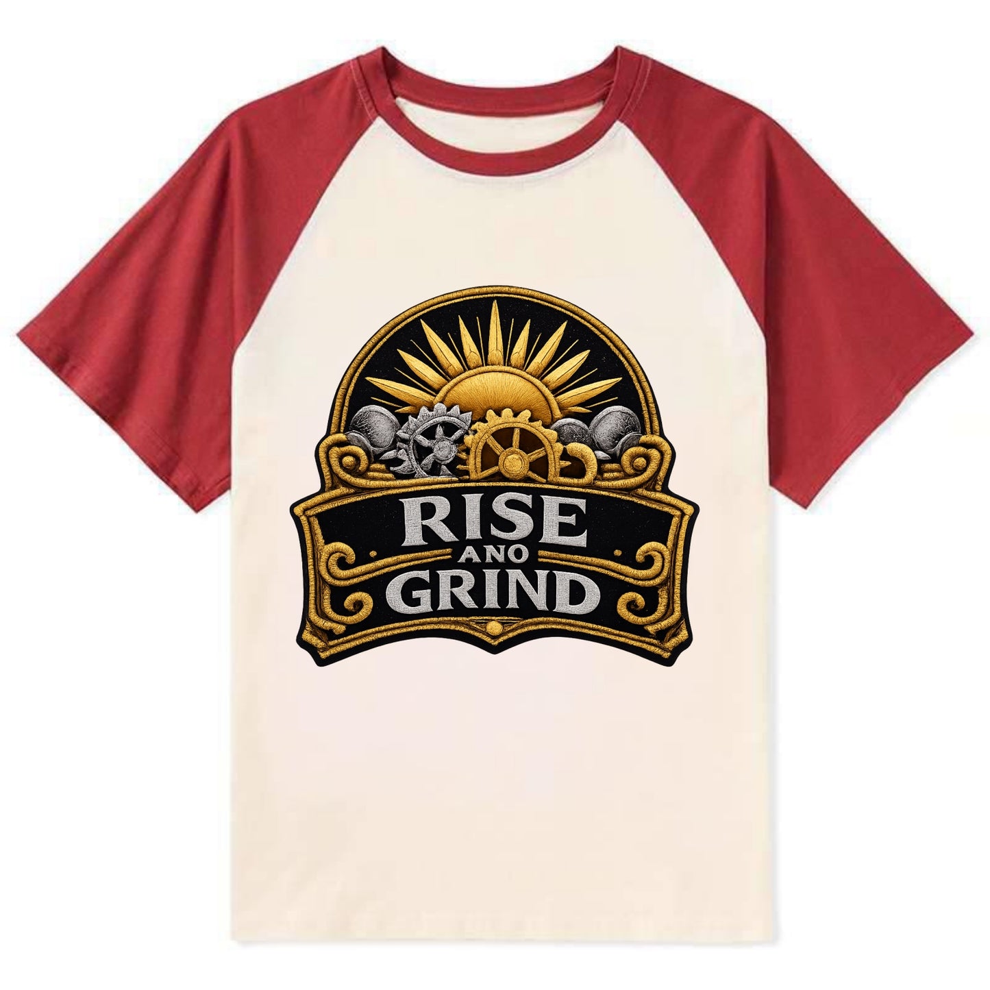 RISE AND GRIND - sun with gears in gold , morning motivation - Contrast Raglan T-shirt - Red