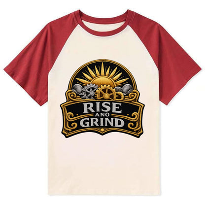 RISE AND GRIND - sun with gears in gold , morning motivation - Contrast Raglan T-shirt - Red
