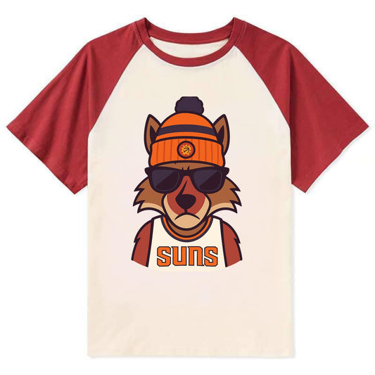Arizona Coyote wearing Suns beanie with desert sun patch and wayfarer - Contrast Raglan T-shirt - Red