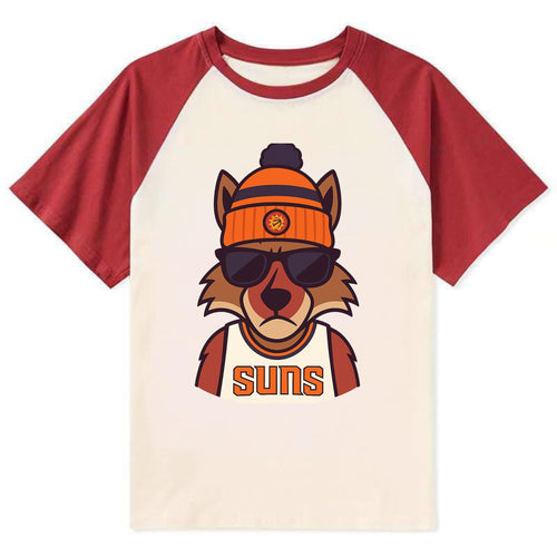 Arizona Coyote wearing Suns beanie with desert sun patch and wayfarer - Contrast Raglan T-shirt