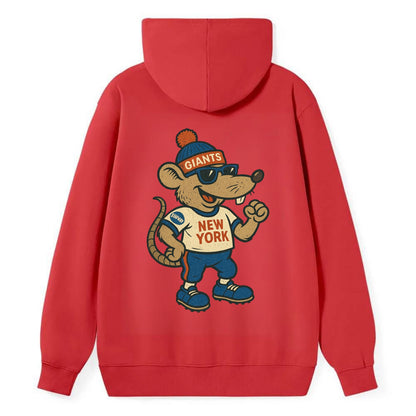 New York Rat wearing Giants beanie with subway patch and wayfarer - Classic Pullover Hoodie - Red