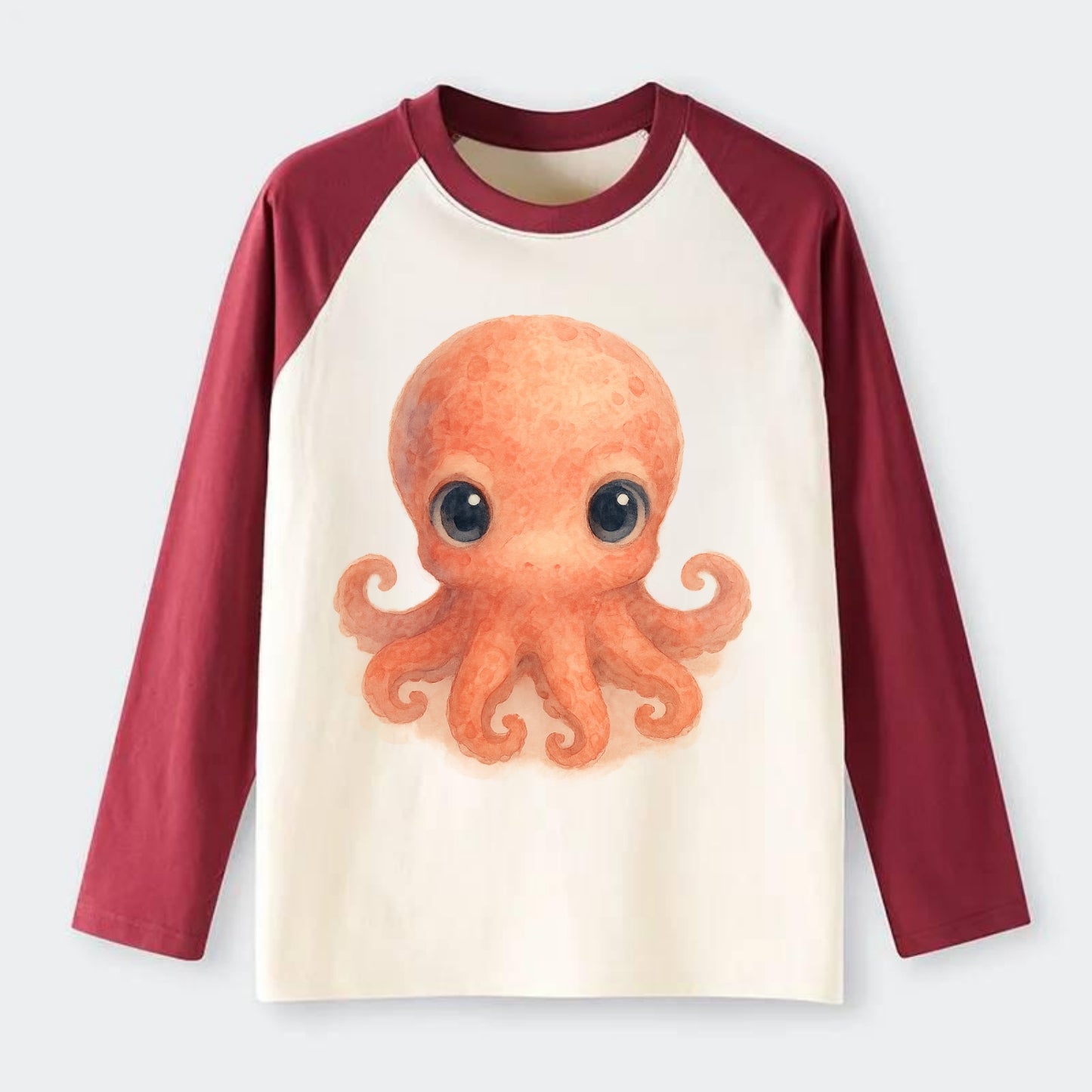 Baby Octopus - red-orange, eight tiny tentacles curled, large - Raglan Long Sleeve T-Shirt - Red