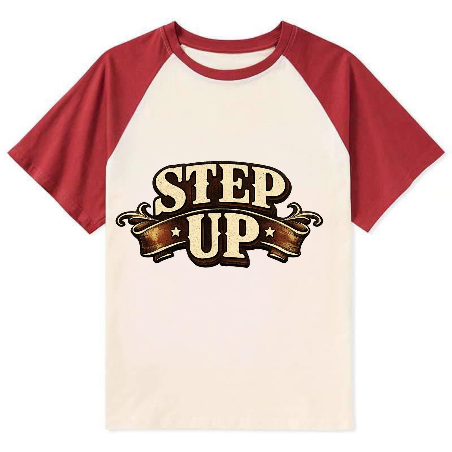 Bold typography design - "STEP UP" - rise to occasion, take charge - Contrast Raglan T-shirt - Red