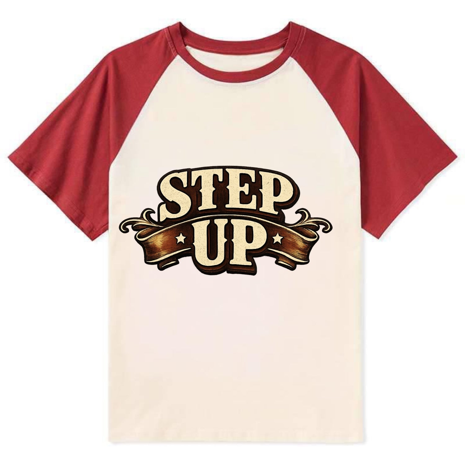 Bold typography design - "STEP UP" - rise to occasion, take charge - Contrast Raglan T-shirt - Red