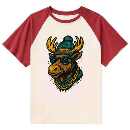 Alaska Moose wearing Anchorage beanie with pom pom and wayfarer sunglasses - Contrast Raglan T-shirt - Red