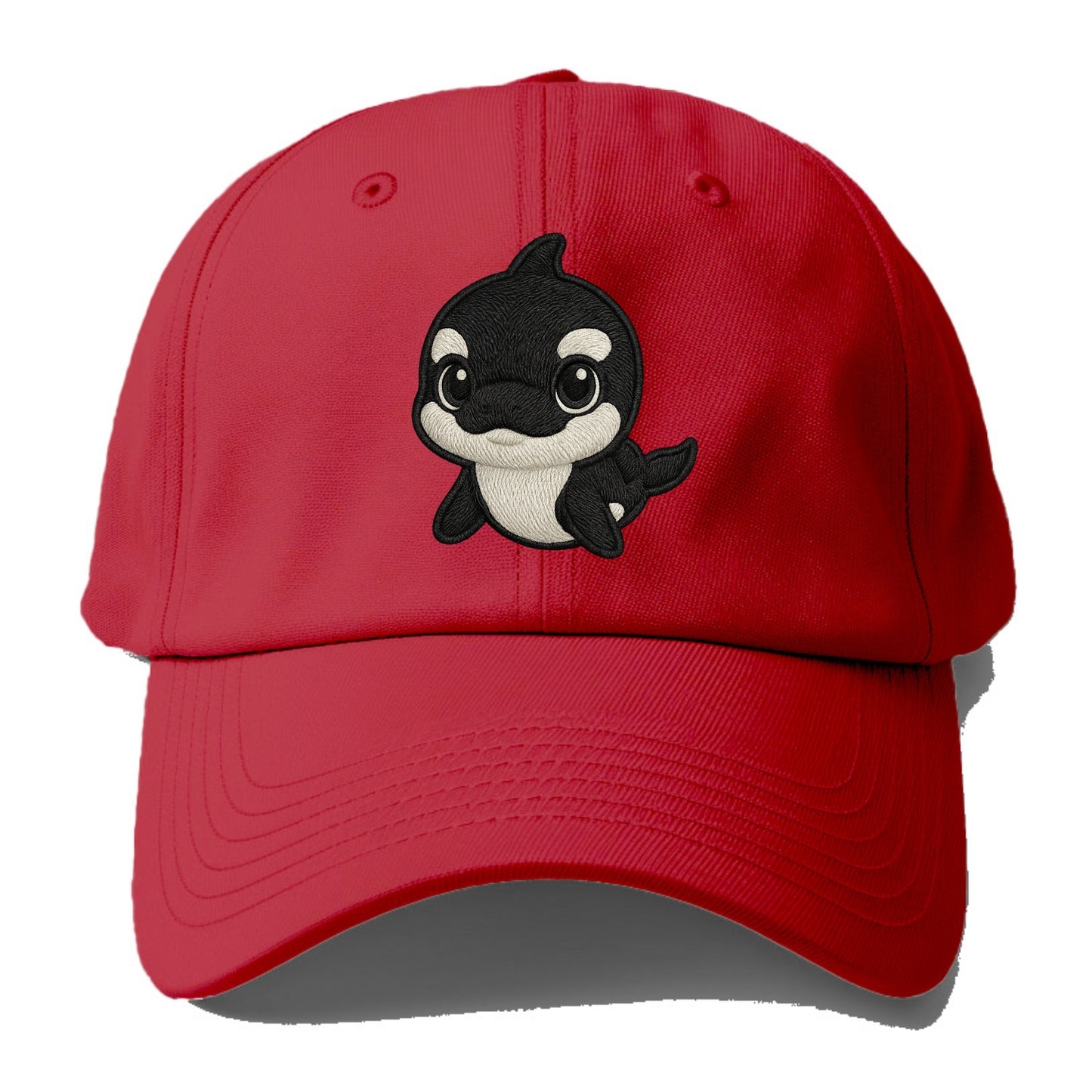 Baby Orca - black and white pattern, white eye patch, front-facing, curious and - Baseball Cap - Red