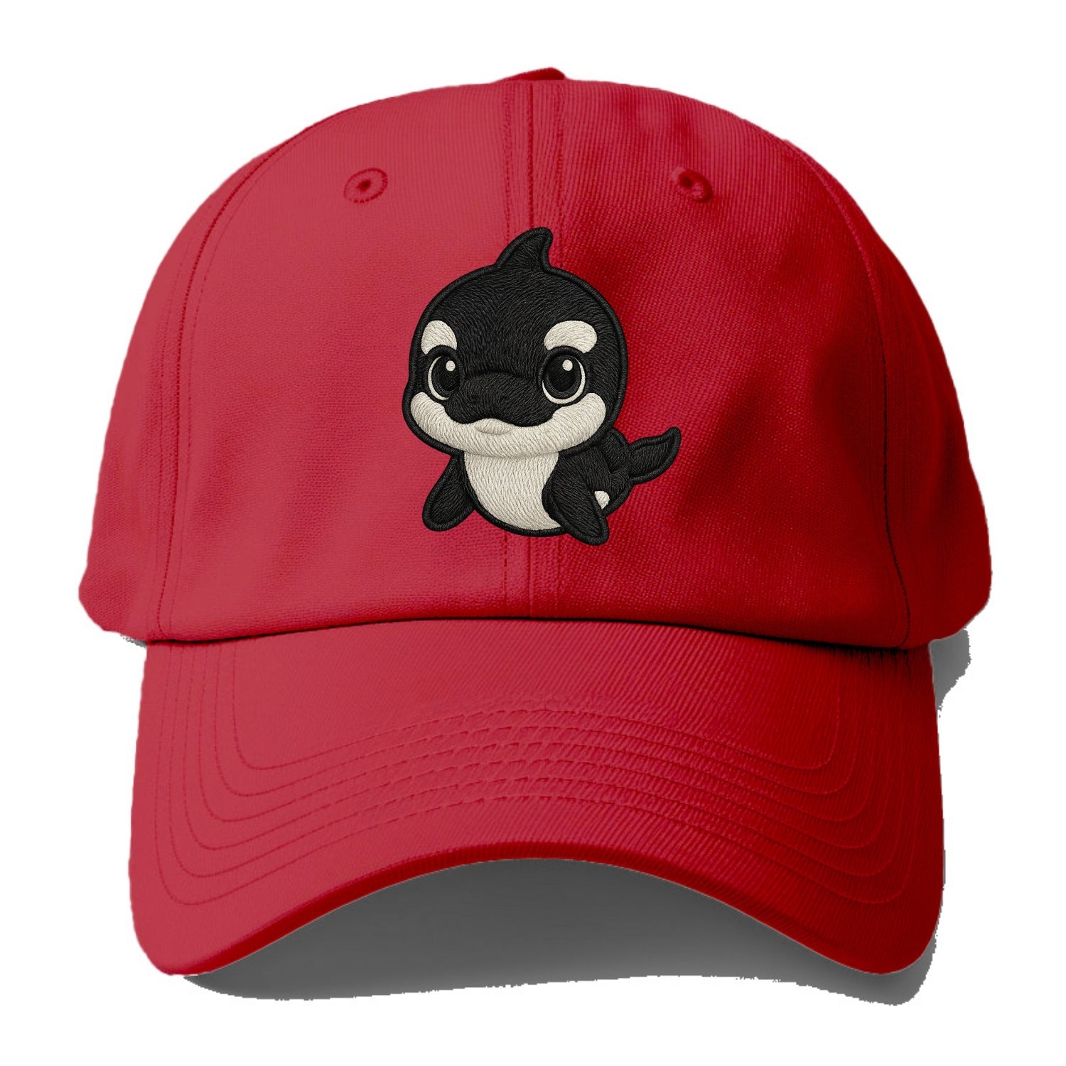 Baby Orca - black and white pattern, white eye patch, front-facing, curious and - Baseball Cap - Red