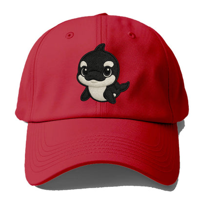 Baby Orca - black and white pattern, white eye patch, front-facing, curious and - Baseball Cap - Red