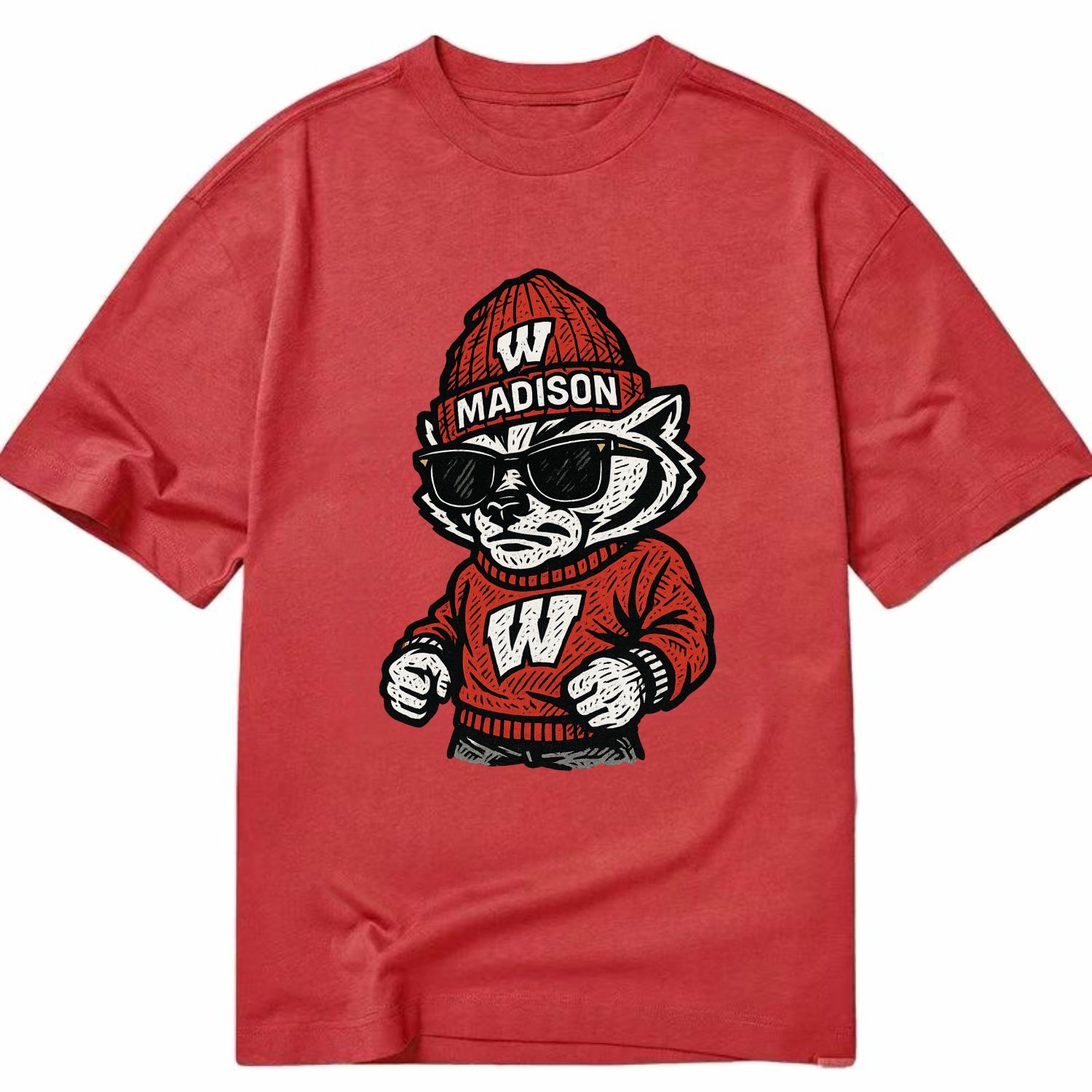Madison Badger wearing Wisconsin beanie with motion W patch - Classic T-shirt - Red