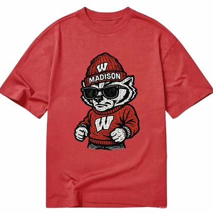 Madison Badger wearing Wisconsin beanie with motion W patch - Classic T-shirt - Red