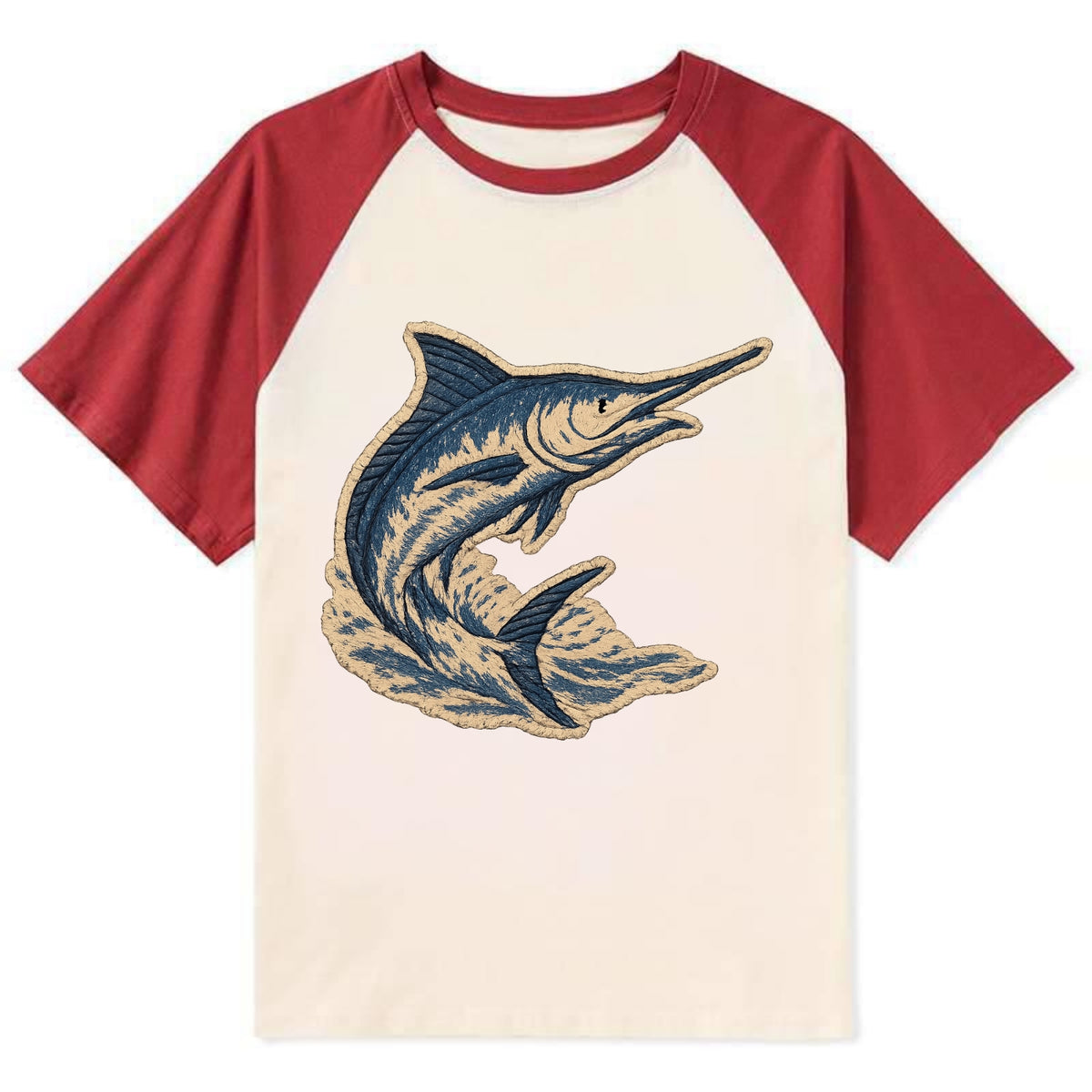 SWORDFISH MARLIN - leaping marlin in blue and silver , sport fishing - Contrast Raglan T-shirt - Red
