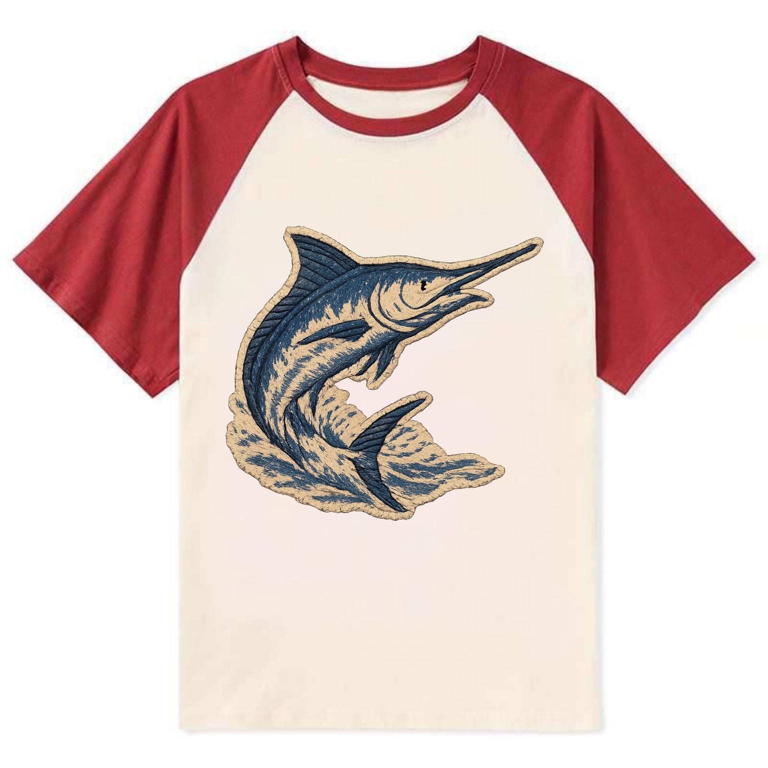 SWORDFISH MARLIN - leaping marlin in blue and silver , sport fishing - Contrast Raglan T-shirt - Red
