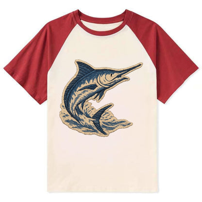 SWORDFISH MARLIN - leaping marlin in blue and silver , sport fishing - Contrast Raglan T-shirt - Red