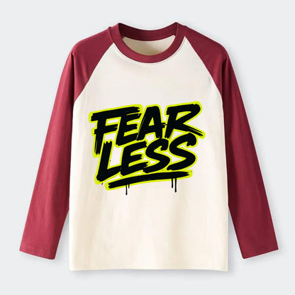Bold typography design - "FEARLESS" - courage, bravery, facing - Raglan Long Sleeve T-Shirt - Red