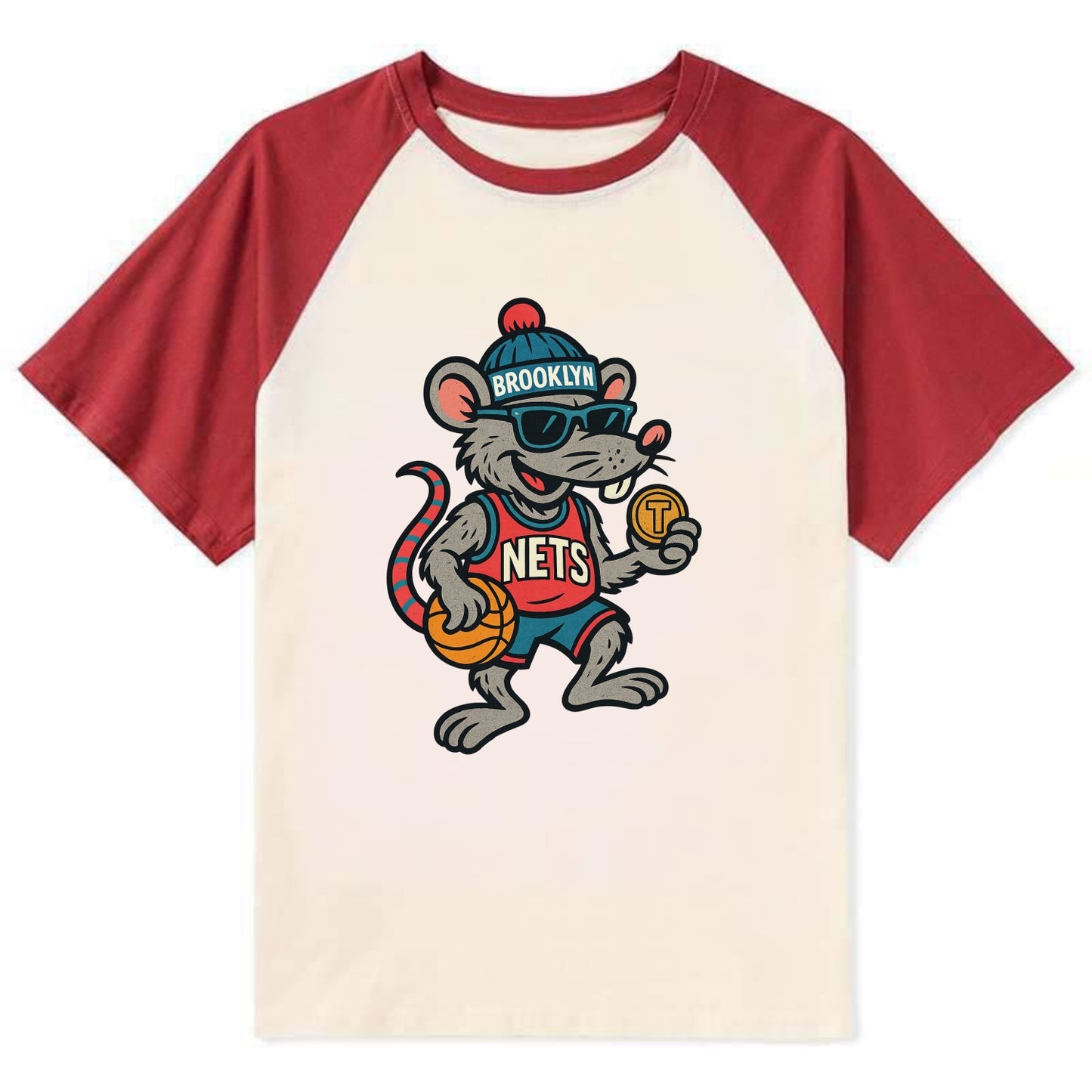 Brooklyn Rat wearing Nets beanie with subway token and wayfarer sunglasses - Contrast Raglan T-shirt - Red