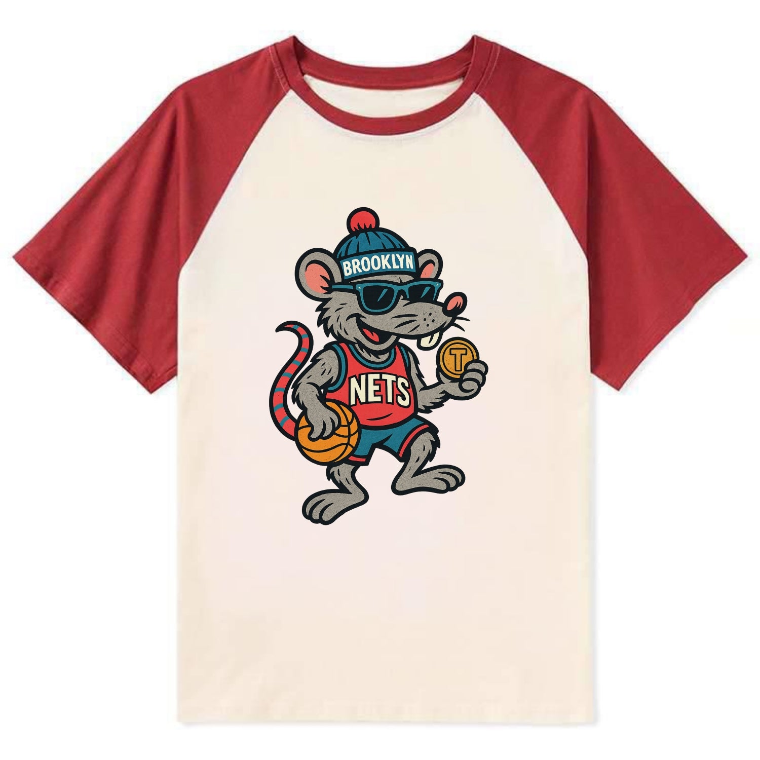 Brooklyn Rat wearing Nets beanie with subway token and wayfarer sunglasses - Contrast Raglan T-shirt - Red