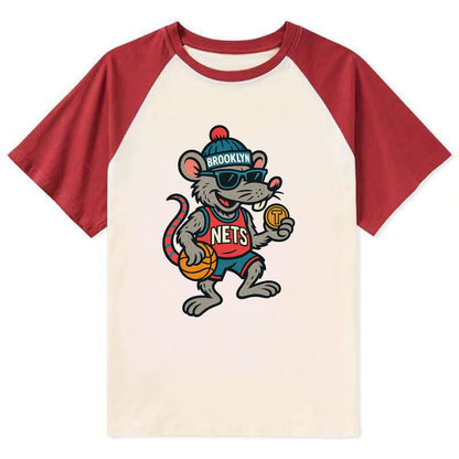 Brooklyn Rat wearing Nets beanie with subway token and wayfarer sunglasses - Contrast Raglan T-shirt - Red