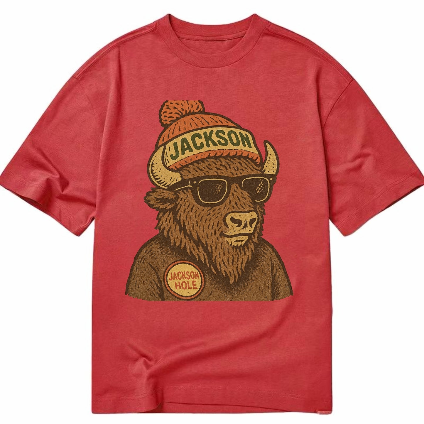 Jackson Hole Bison wearing Jackson beanie with pom pom and wayfarer sunglasses - Classic T-shirt - Red