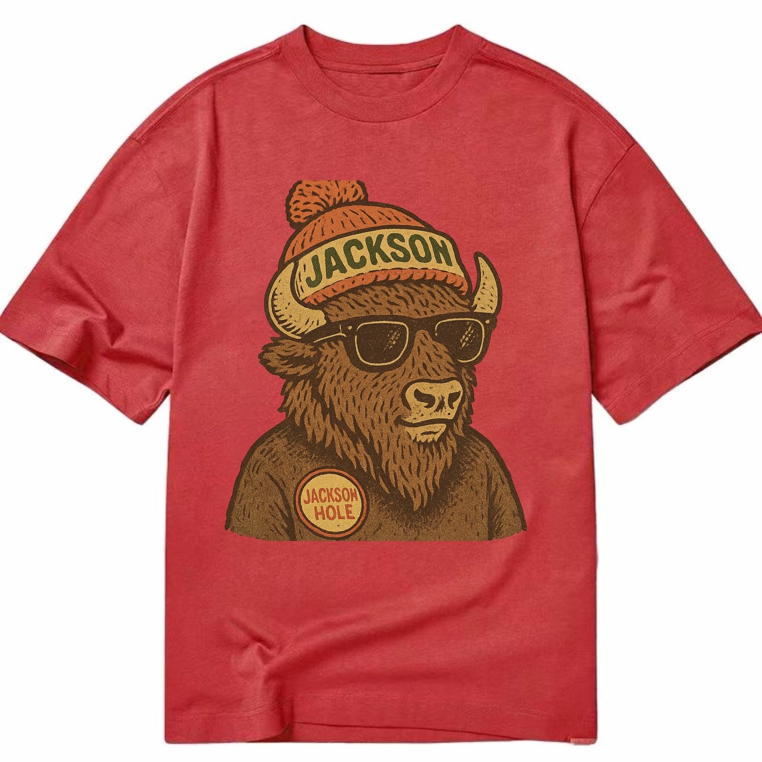 Jackson Hole Bison wearing Jackson beanie with pom pom and wayfarer sunglasses - Classic T-shirt - Red