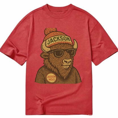 Jackson Hole Bison wearing Jackson beanie with pom pom and wayfarer sunglasses - Classic T-shirt - Red