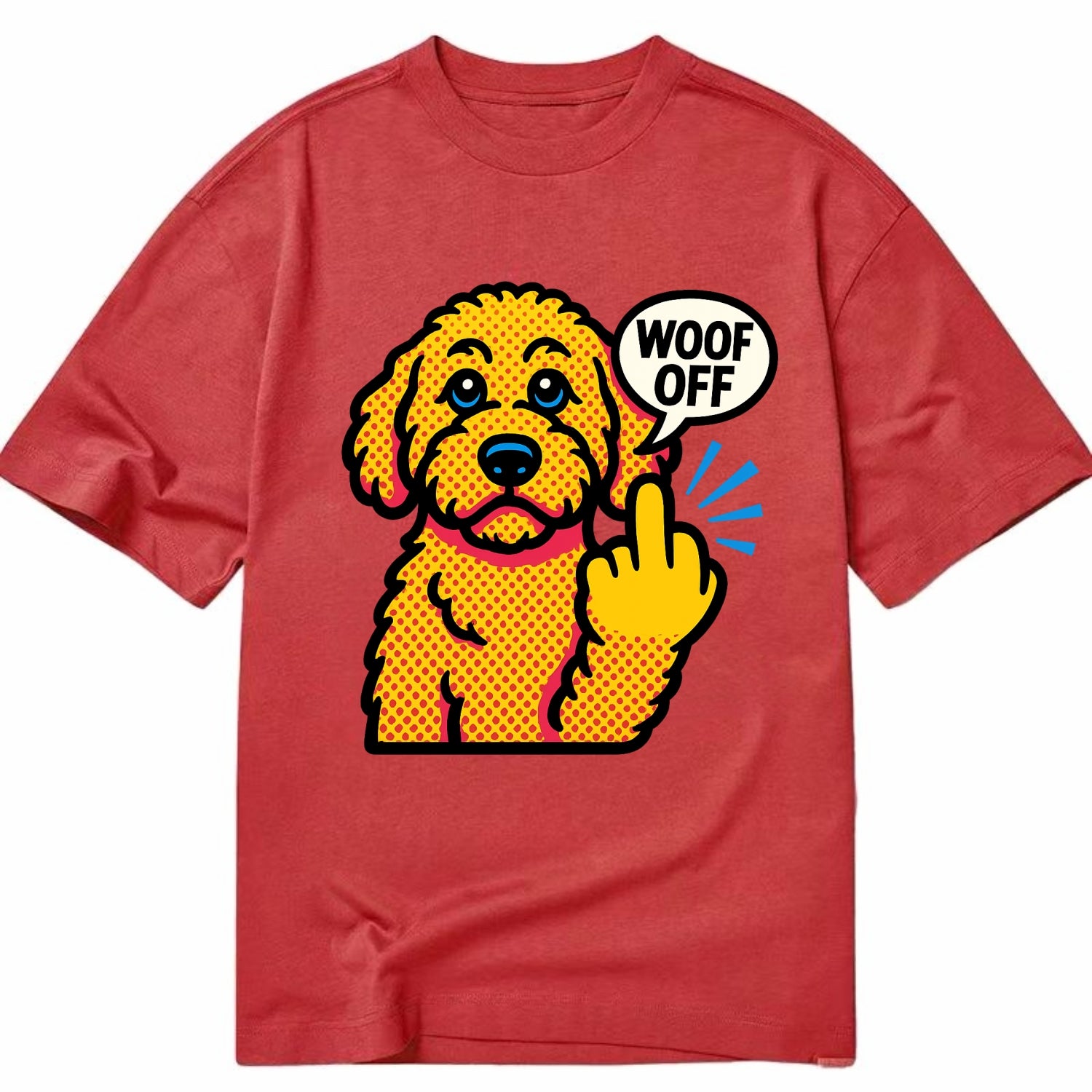 Goldendoodle with teddy bear face and curly golden coat, friendly paw flipping off - Classic T-shirt - Red