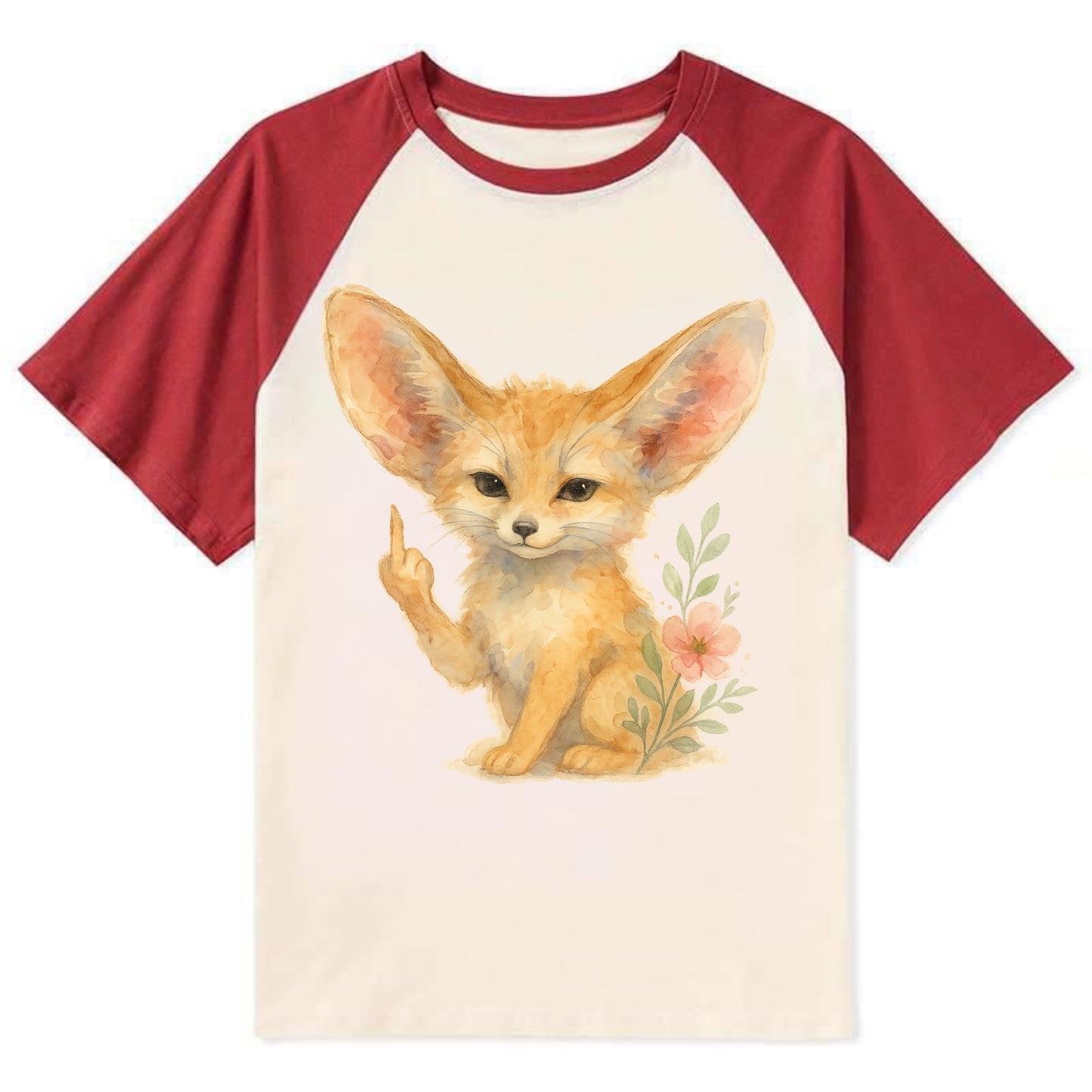 tiny fennec fox with oversized ears, one small paw raised in sass - Contrast Raglan T-shirt - Red