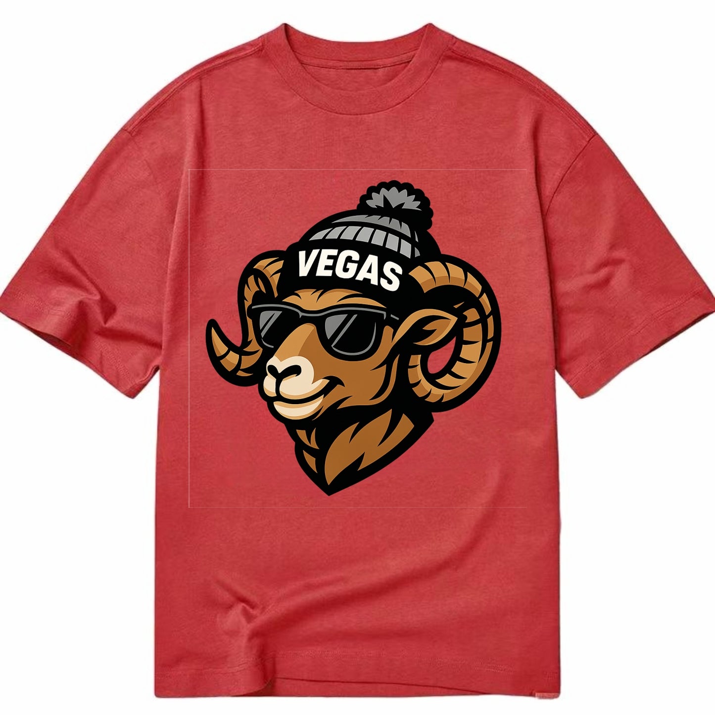 Vegas Desert Bighorn wearing Raiders silver and black beanie with pom pom and - Classic T-shirt - Red