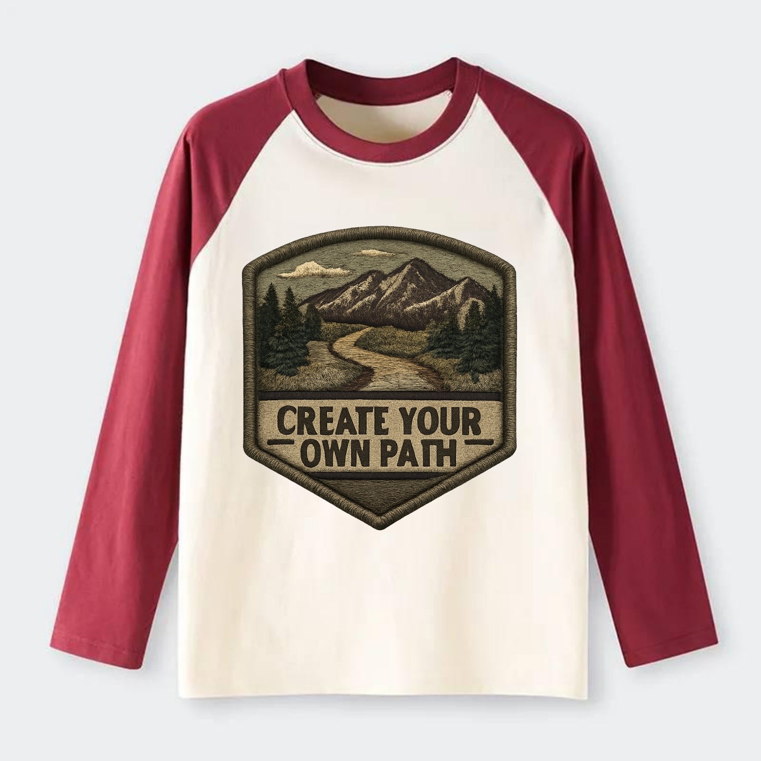 CREATE YOUR OWN PATH - trail with text in brown , independence - Raglan Long Sleeve T-Shirt - Red