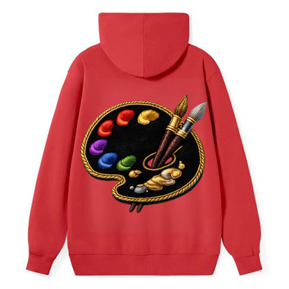 PAINT PALETTE - artist palette with brushes in rainbow and brown , - Classic Pullover Hoodie - Red