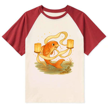 Koi weaving silk streamers through floating lanterns on tranquil water - Contrast Raglan T-shirt - Red