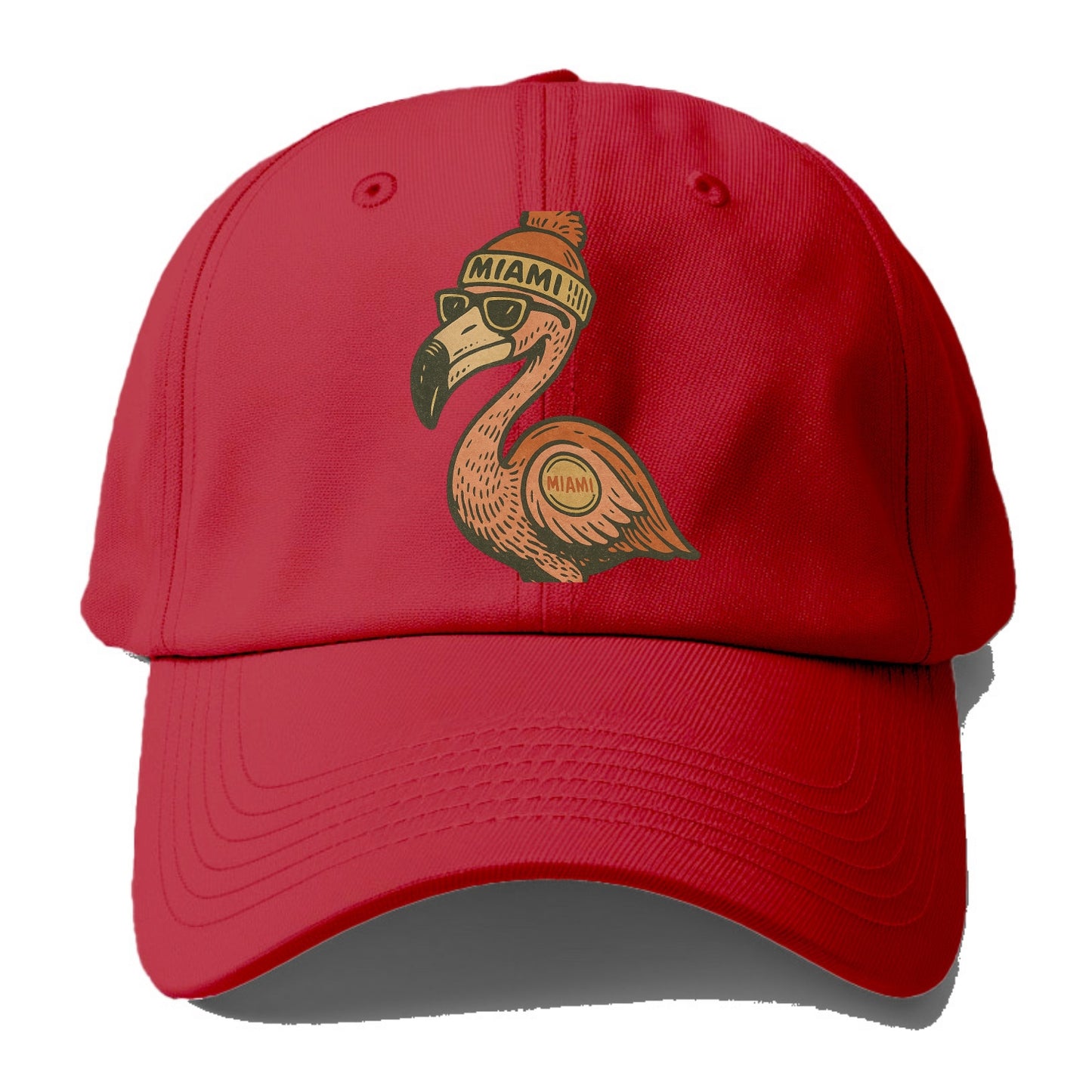 Miami Flamingo wearing Miami beanie with pom pom and wayfarer sunglasses - Baseball Cap - Red