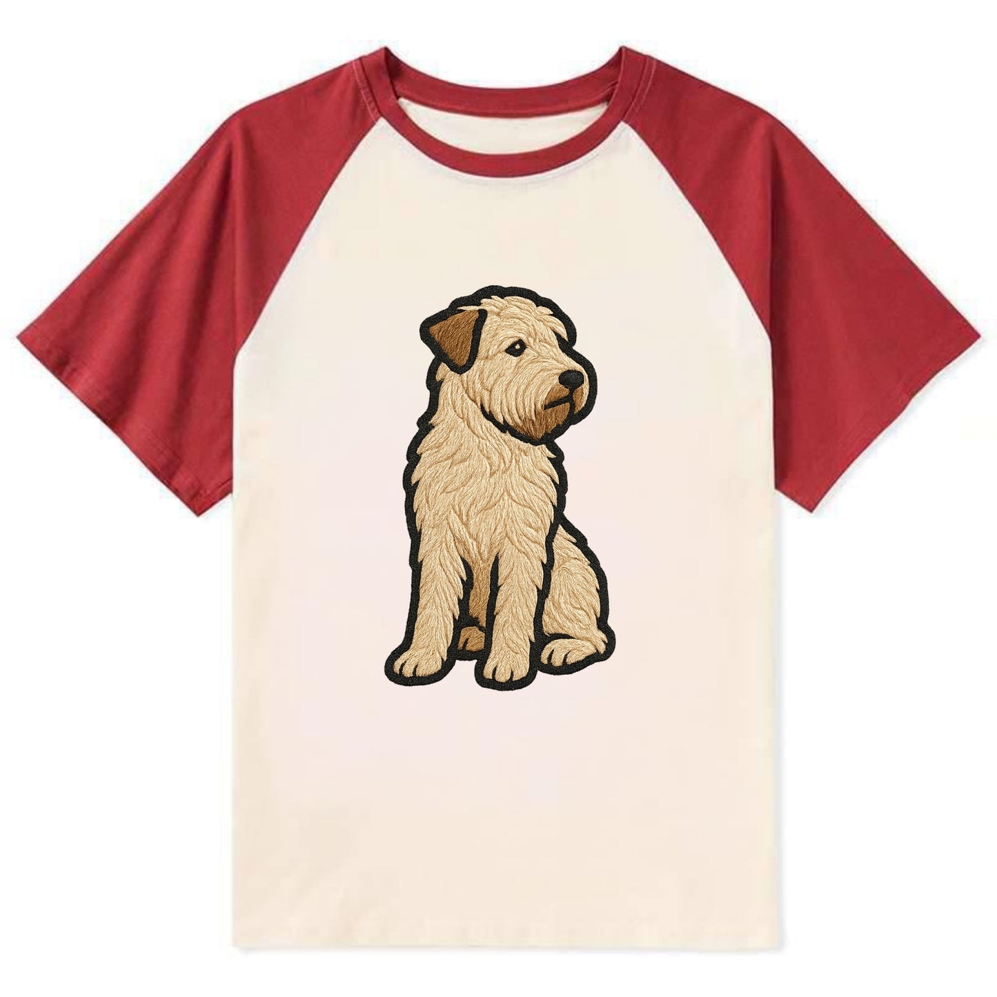 Soft Coated Wheaten Terrier - Light tan flowing coat embroidered pose - Contrast Raglan T-shirt - Red
