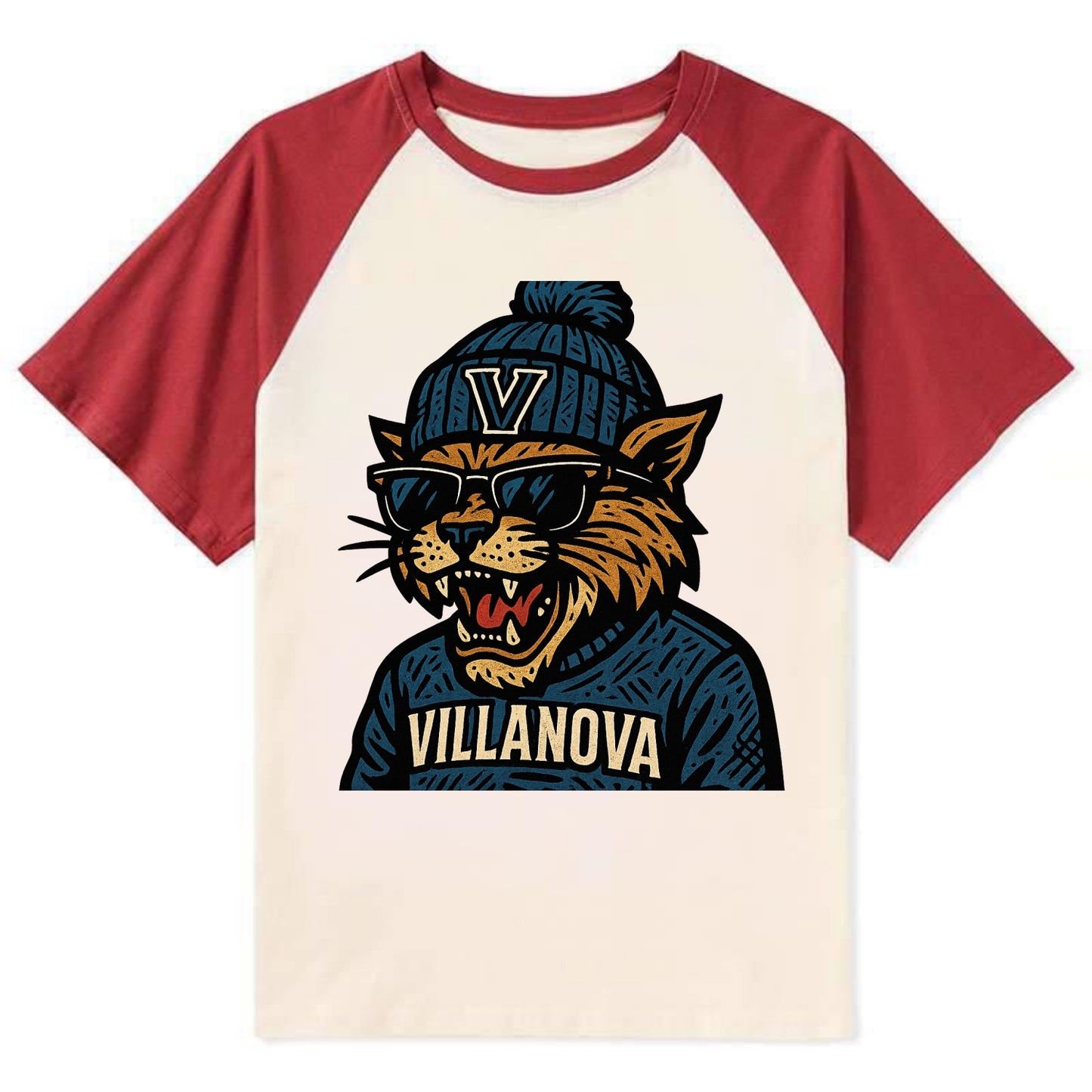 Villanova Wildcat wearing Villanova beanie with V patch - Contrast Raglan T-shirt - Red