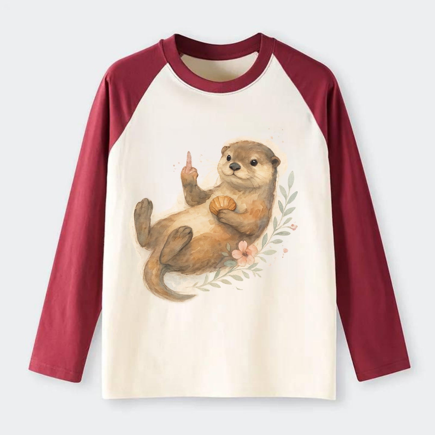 adorable otter floating on back, middle finger up while holding a - Raglan Long Sleeve T-Shirt - Red